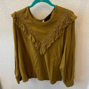 J Crew Pullover Sweater with Eyelet and Ruffle Detail, Olive, XXL